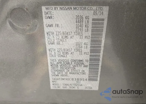 2014 Nissan Rogue S/Sl/Sv z USA, uszkodzony, nr VIN 5N1AT2MTXEC838954